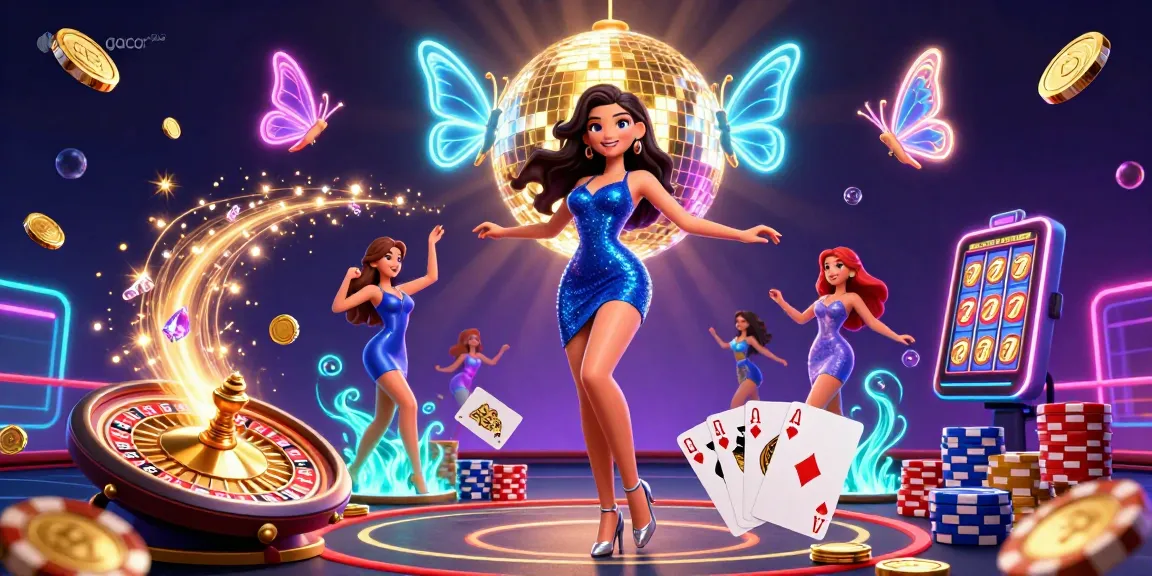 Experience the excitement of gacor 200 with a glamorous female dancer amidst a vibrant casino scene featuring dynamic slot machine elements.