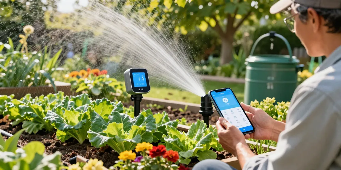 Smart sprinkler in use by gardener adjusting settings on a smartphone in a lush garden.