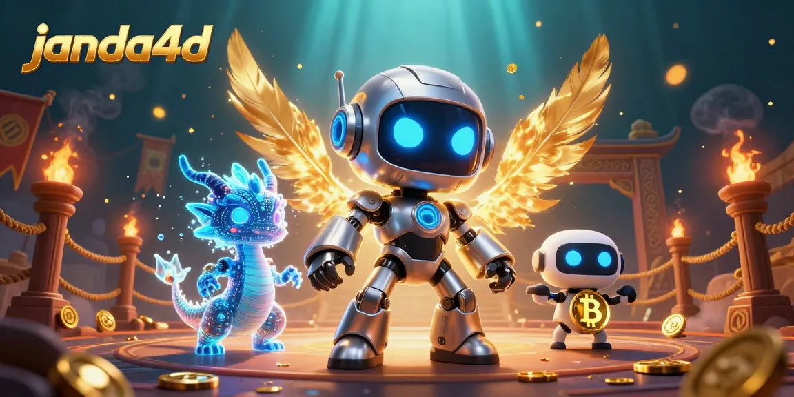 Janda4d menghadirkan permainan kasino seru dengan robot dan naga holografik dalam ilustrasi modern