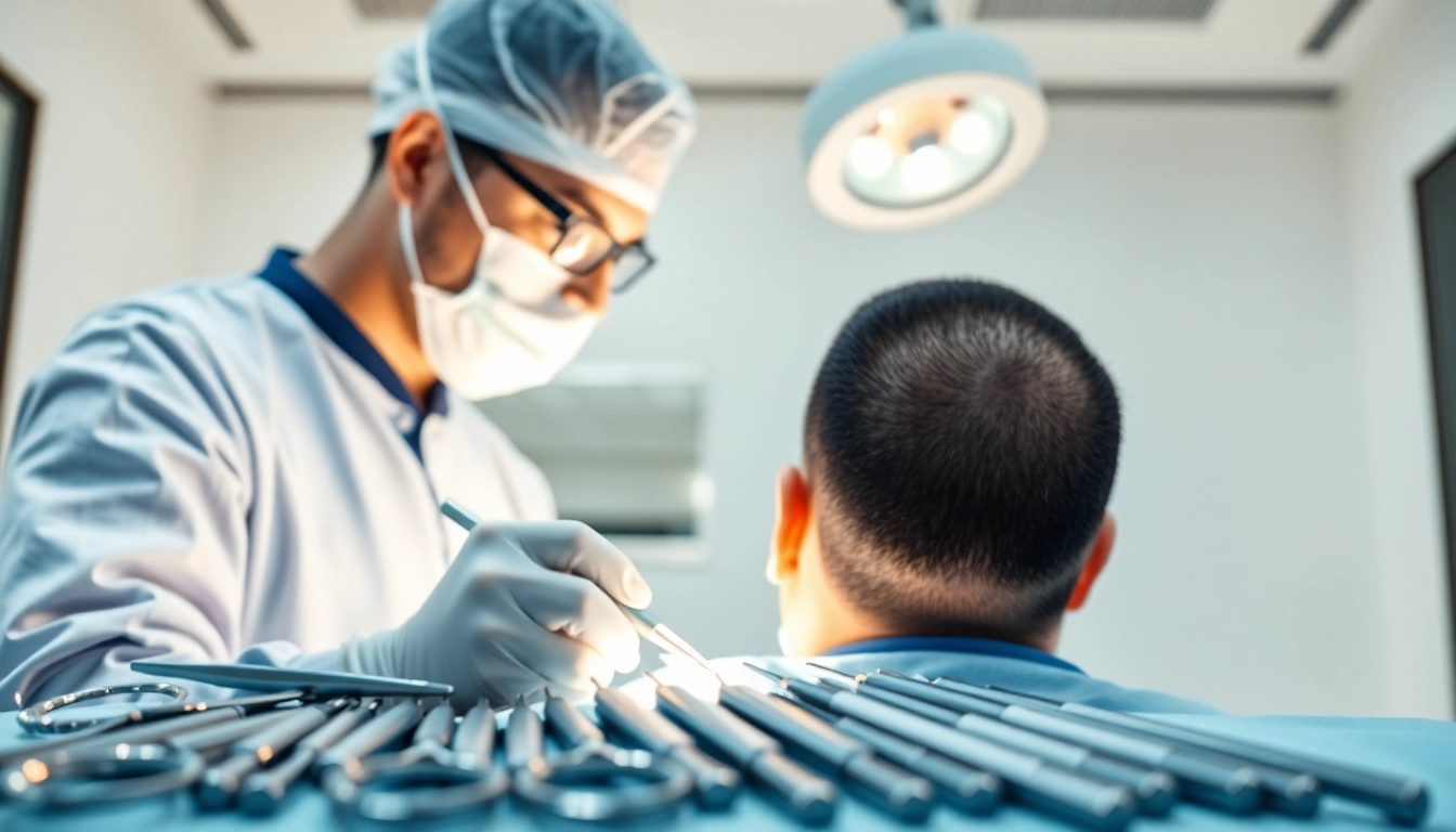 Detailed view of a hair transplant procedure showcasing a skilled surgeon and patient interaction.