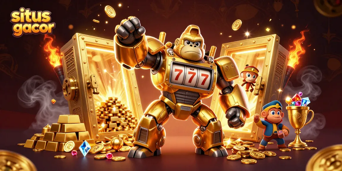 Engage with situs slot gacor through dynamic 3D illustration of a gorilla mech and treasure vault.