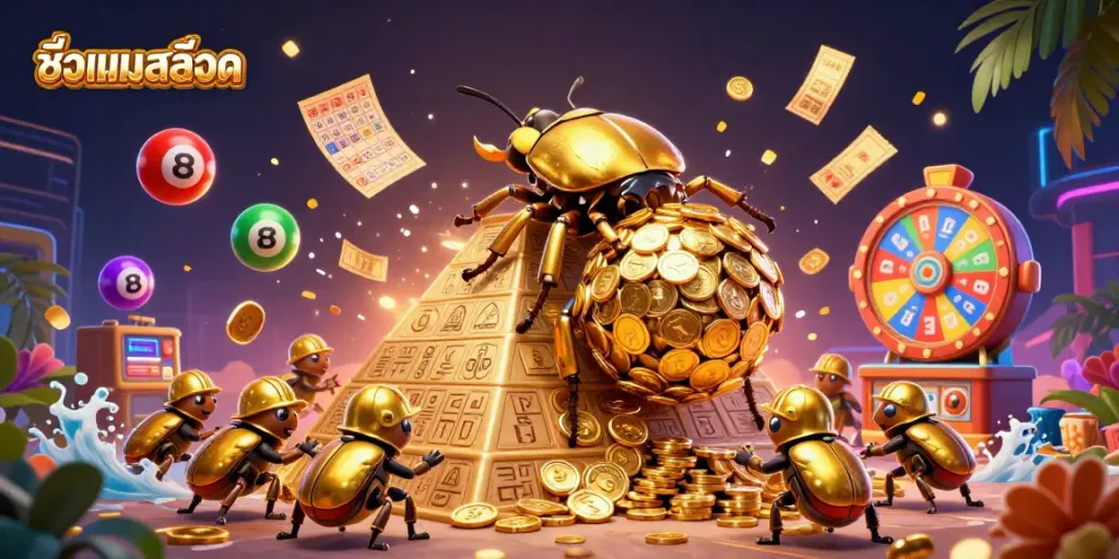 Engage with ชื่อเกมสล็อต featuring a vibrant scene of a golden beetle amid casino elements, lottery balls, and prizes.