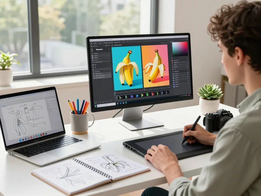Professional designer using Nano Banana 2 for AI image editing in a modern workspace, surrounded by creative tools and vibrant visuals.