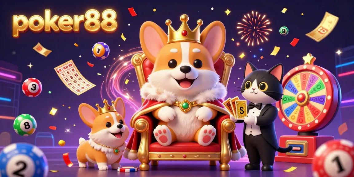 Engage with poker88 in a vibrant casino scene featuring a royal corgi on a chip throne and dynamic game elements.
