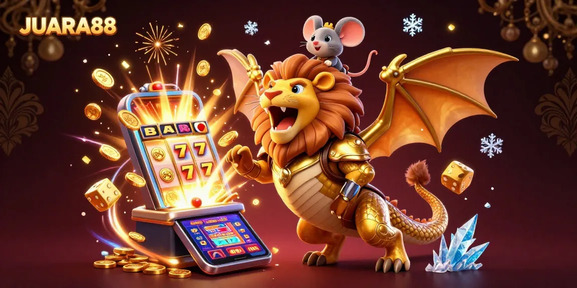 Experience JUARA88's thrilling casino action with golden jackpot slots and a unique chimera mascot!