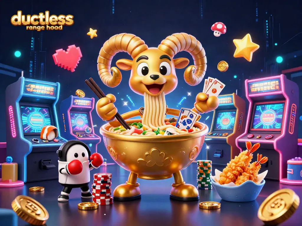 Playing with a ductless range hood while gambling; dynamic online casino character scene.