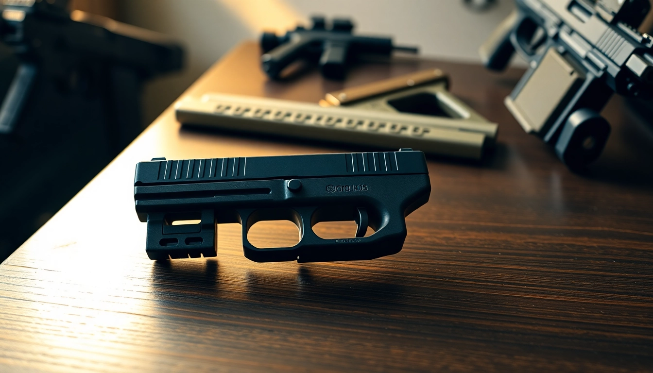Showcasing a Glock 19 Gen 5 MOS OEM Slide on a dark table with tactical gear.