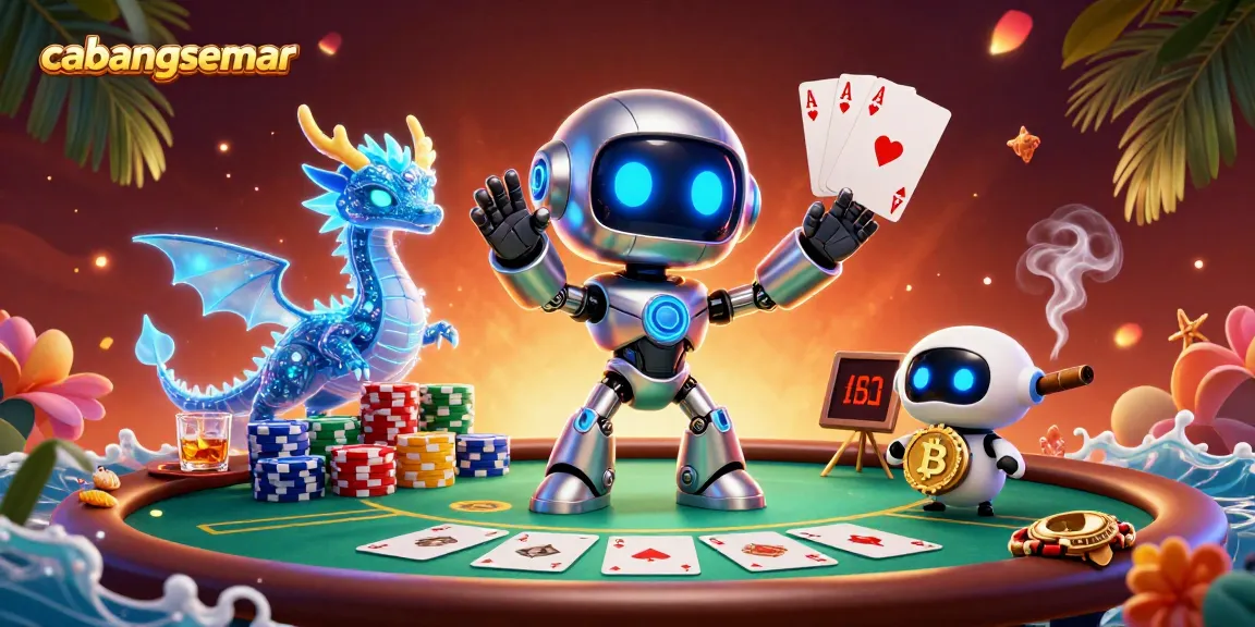 Permainan menarik di cabangsemar dengan robot cyberpunk, naga holografik, dan simbol bitcoin yang mengelilingi meja poker.