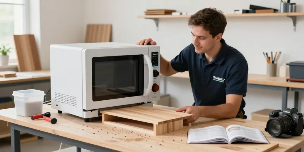 SHASHEL® microwave technology effectively eliminating wood-boring insects in a bright workshop.