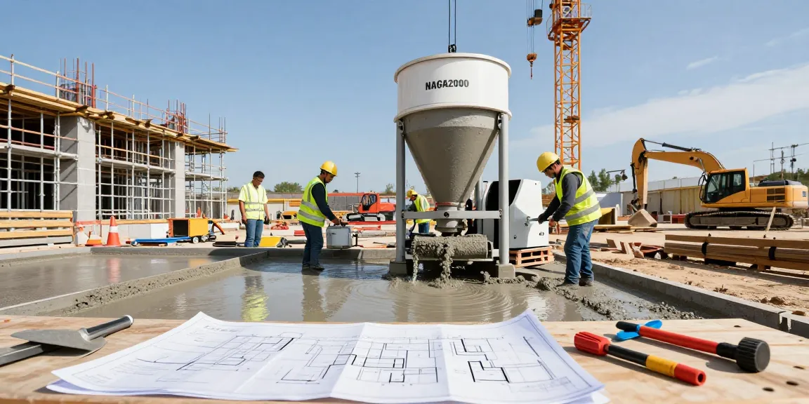 Construction workers utilizing NAGA2000 technology for concrete foundations, showcasing modern industrial practices.