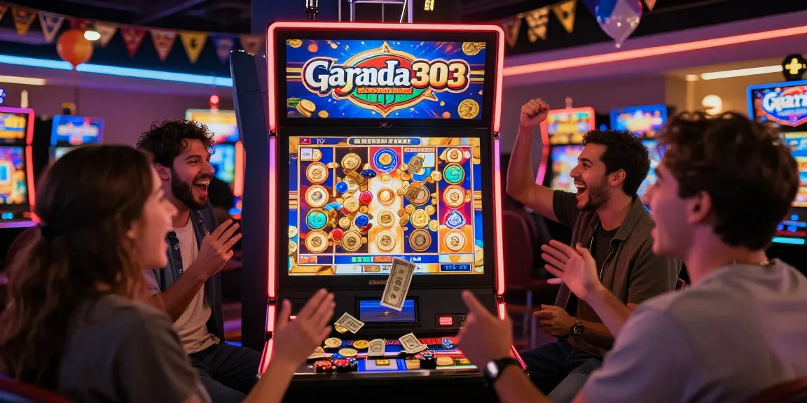 Garuda303 players celebrating a big win at the slot machine in a vibrant casino atmosphere.