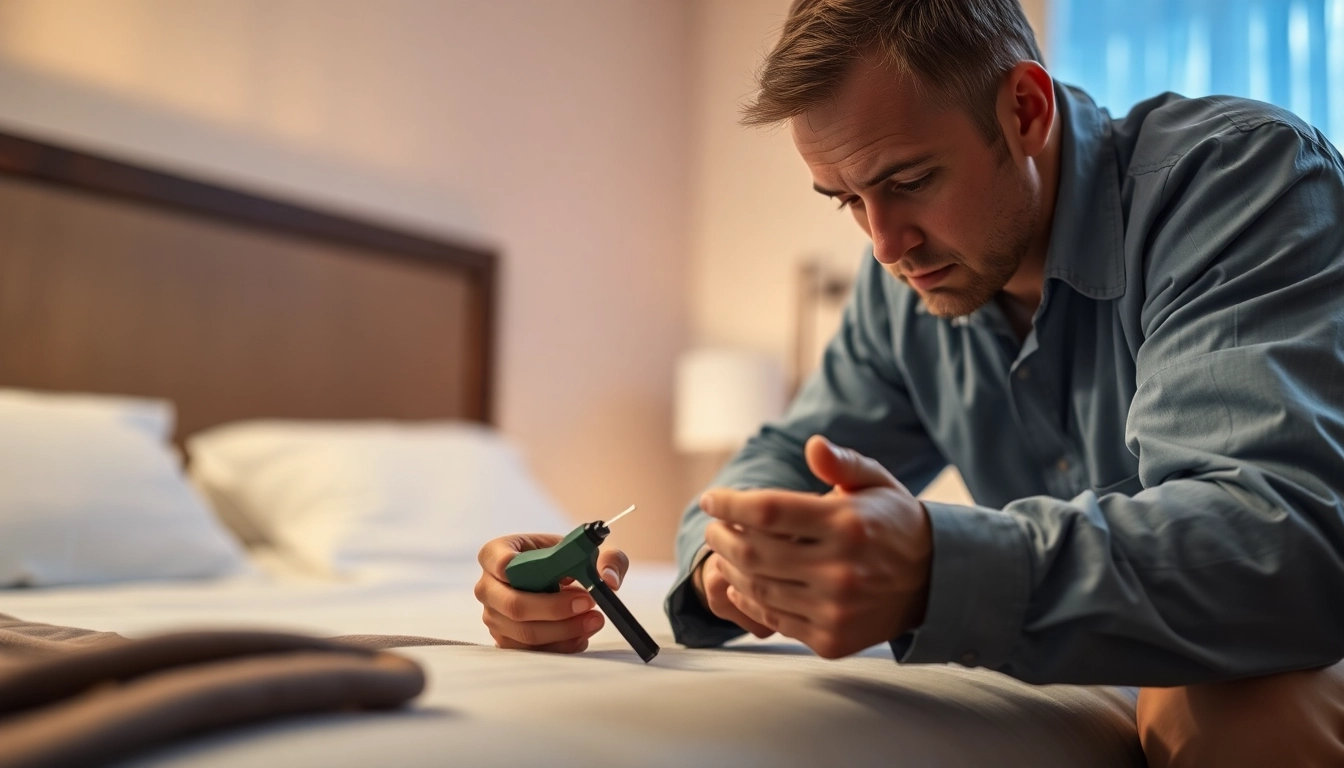 Bed bug exterminator Waukesha conducts a thorough inspection in a bedroom.