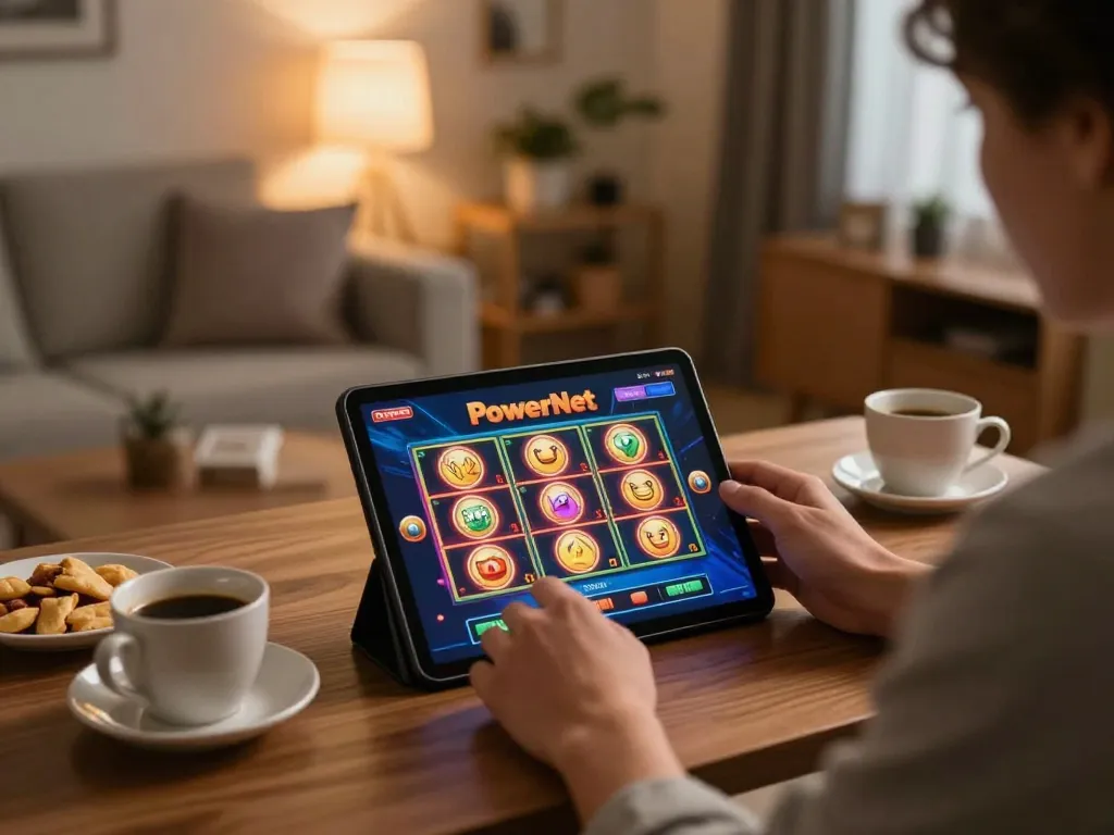 Winning moment at a PowerNet slot game on a tablet, featuring colorful graphics and engaging gameplay.