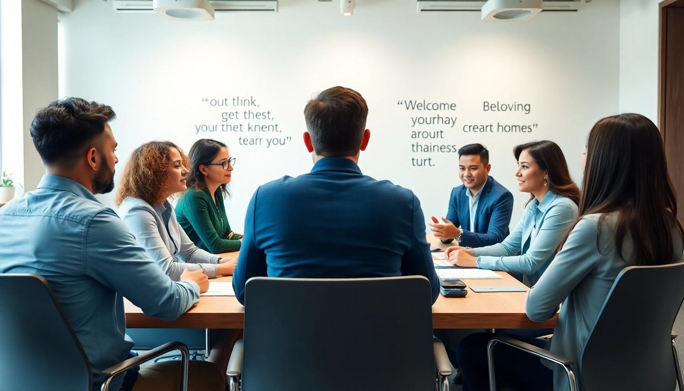 Engaging business coaching service session with diverse professionals collaborating in a modern setting.