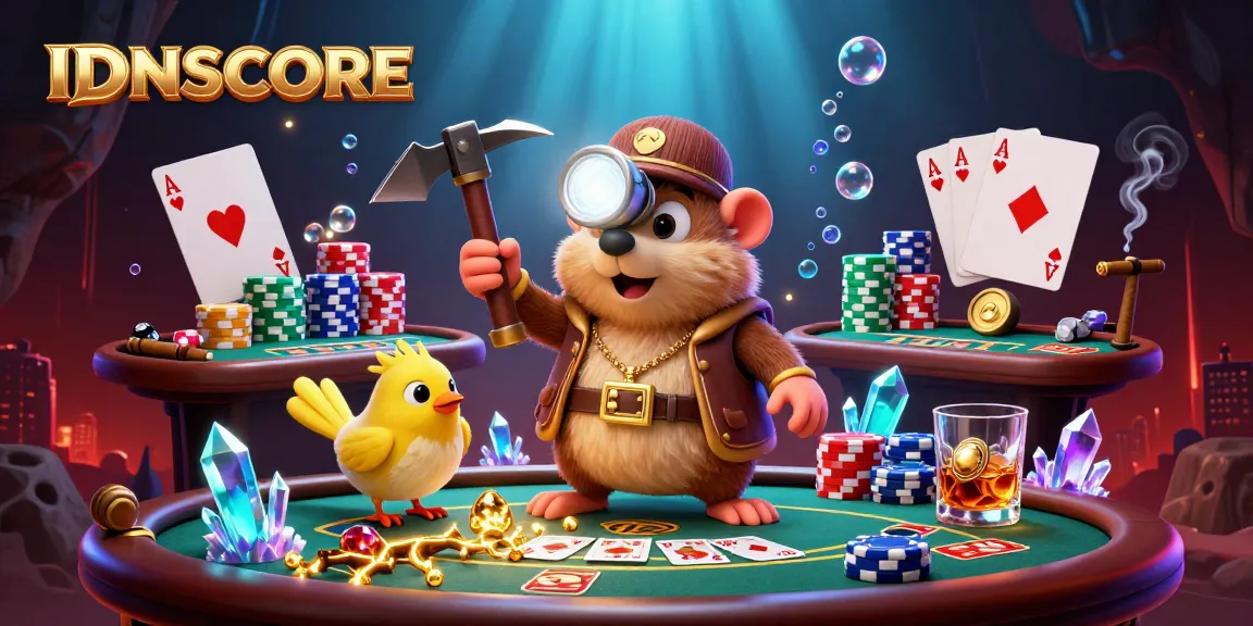 IDNSCORE features bold gaming visuals with a treasure hunter mole and poker-themed elements.