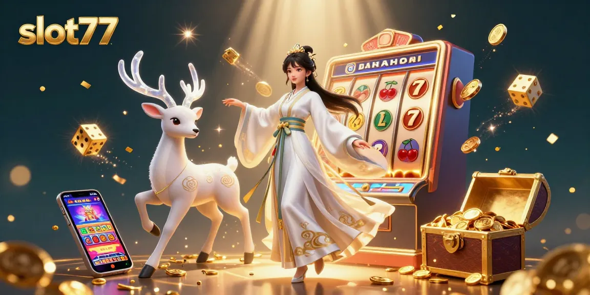 Experience thrilling gameplay with slot77, featuring an enchanting scene with jackpots and casino excitement.