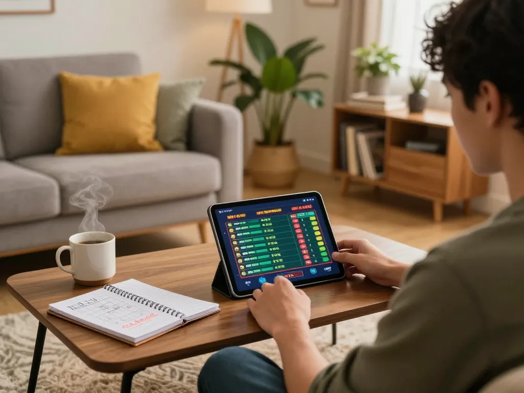 Engaged player enjoying lô đề online gameplay on tablet in a cozy home setup.