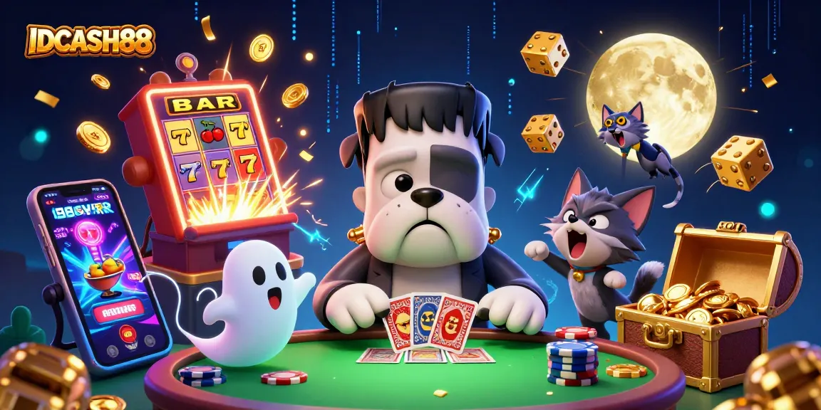 Experience thrilling gameplay at IDCASH88 with a lively casino scene emphasizing slot jackpots and engaging characters.