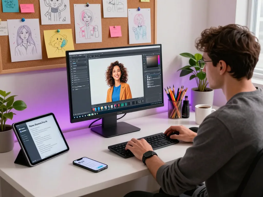 Designer using Nano Banana Pro for creative image editing in a vibrant workspace.