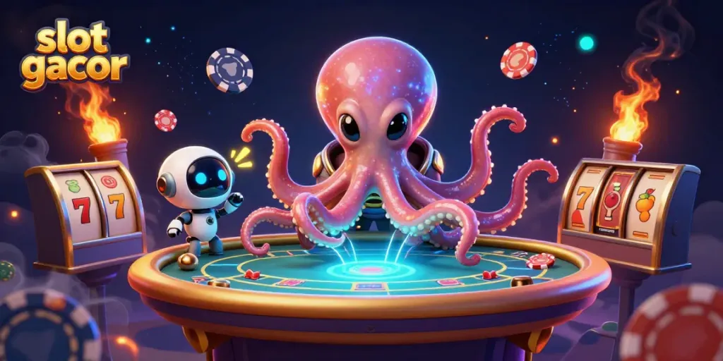 Slot gacor menampilkan alien kartun bermain poker di tabel holografik dalam suasana luar angkasa
