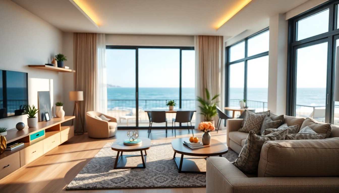 Stylish living space showcasing an apartment for rent in Alanya, Turkey with ocean views and a relaxing atmosphere.