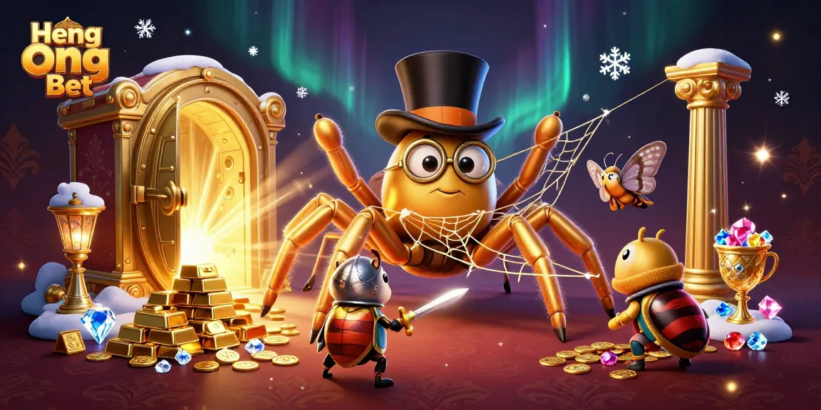 Engage in high-stakes fun at Heng Ong Bet with a vibrant 3D casino scene showcasing gold treasures and animated characters.