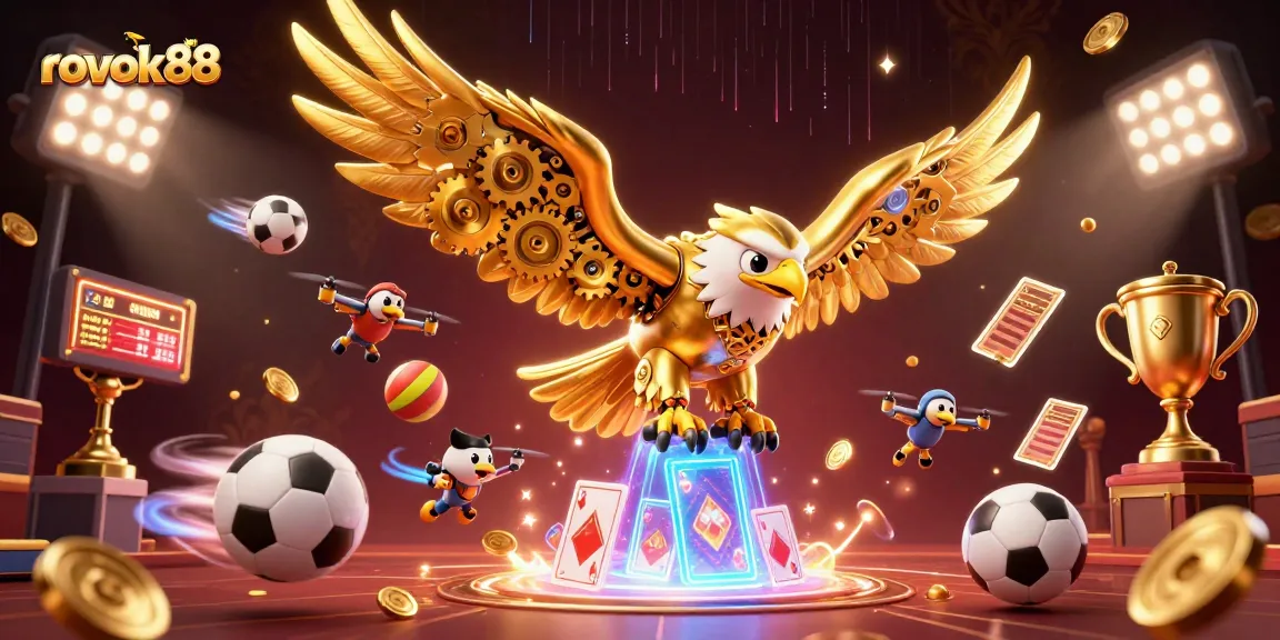Experience winning at rokok88 with a captivating golden eagle illustration amidst dynamic gambling elements.