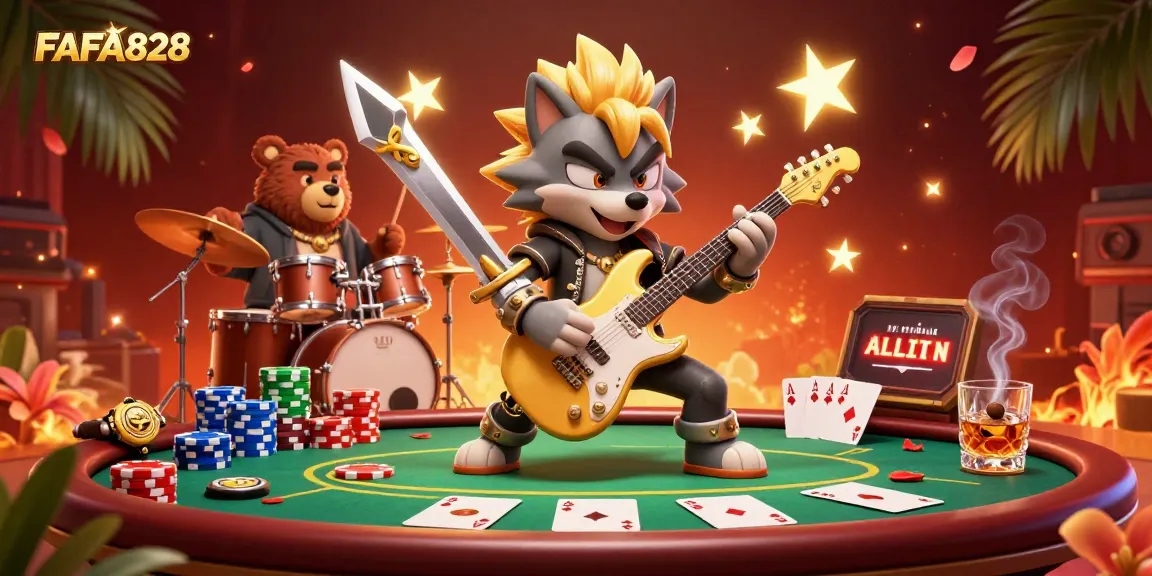 Experience FAFA828 with a vibrant casino scene featuring a rock star wolf and a drummer bear, immersed in dynamic gaming action.