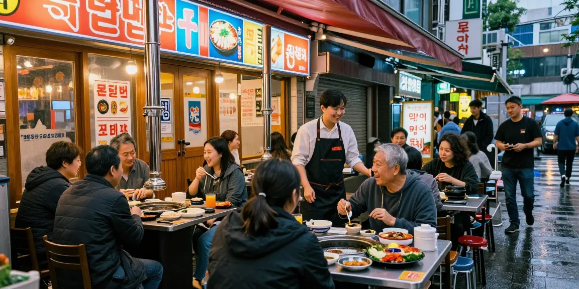 Sangbongdong 한국관나이트 restaurant bustling with diners enjoying Korean cuisine in vibrant urban atmosphere.