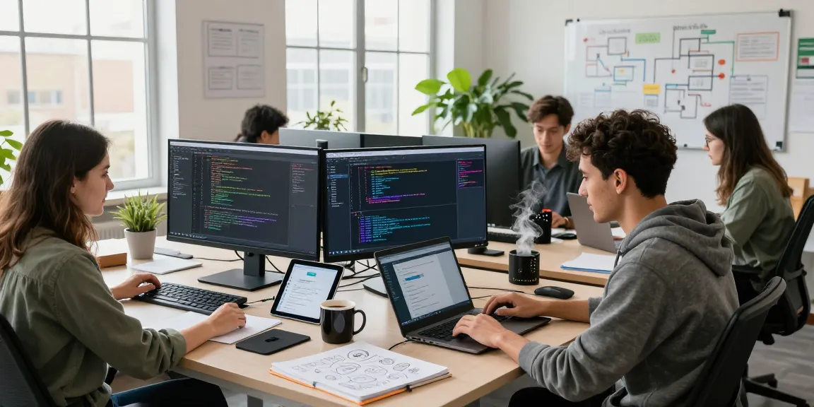 Developer working in a vibrant office space, showcasing telegram中文 tools and innovations with multiple monitors.