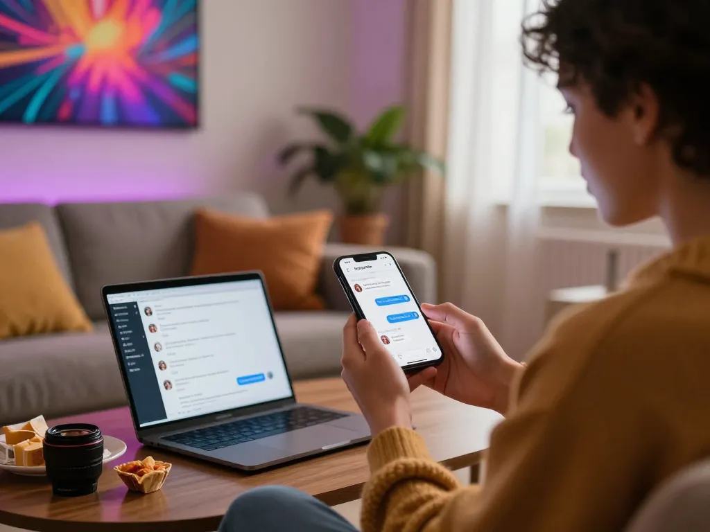 Engaging with spicychat app in an inviting living room setting.