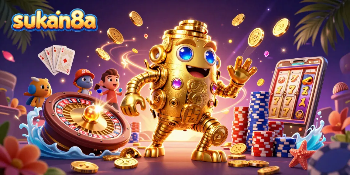 Sukan8a showcases a golden golem adorned with slot machine symbols amidst a vibrant casino scene.