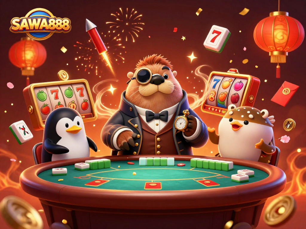 Join SAWA888's vibrant casino scene featuring a jolly walrus at play with exciting slot reels.