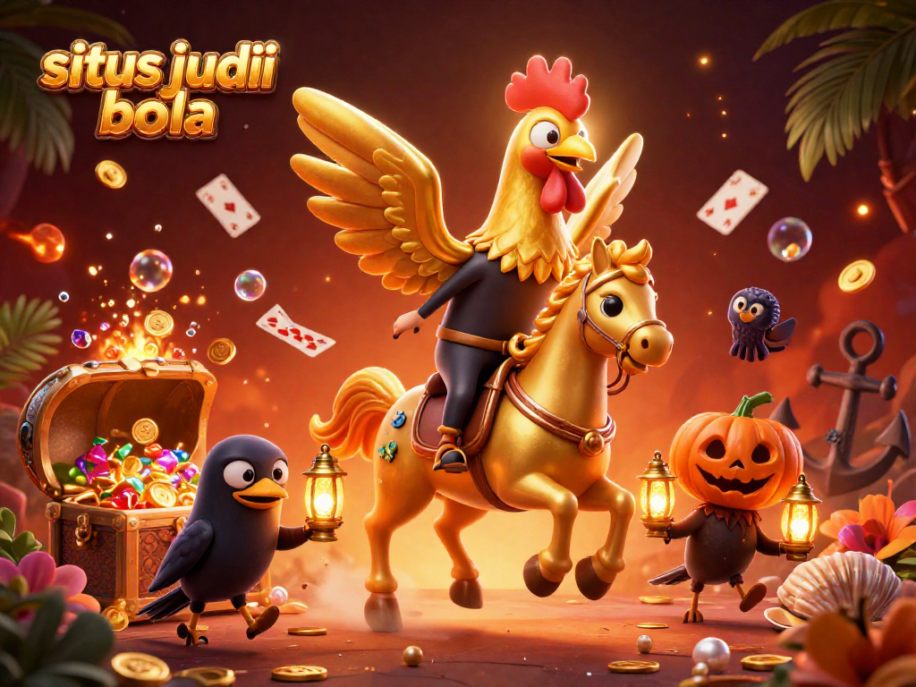 Engage in situs judi bola action with a golden rooster hero at a midnight casino, surrounded by treasures.