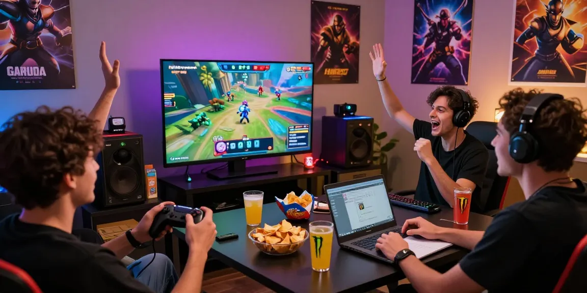 Excited friends enjoying gaming together on garuda303 platform