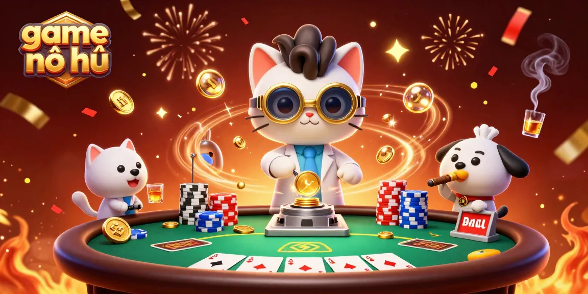 Spin thrilling game nổ hũ with cartoon characters amid colorful casino elements and festive confetti.