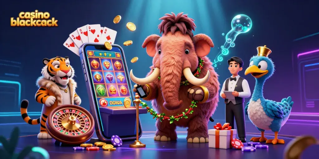 Juega casino blackjack en un entorno festivo y animado con personajes únicos y elementos de casino.