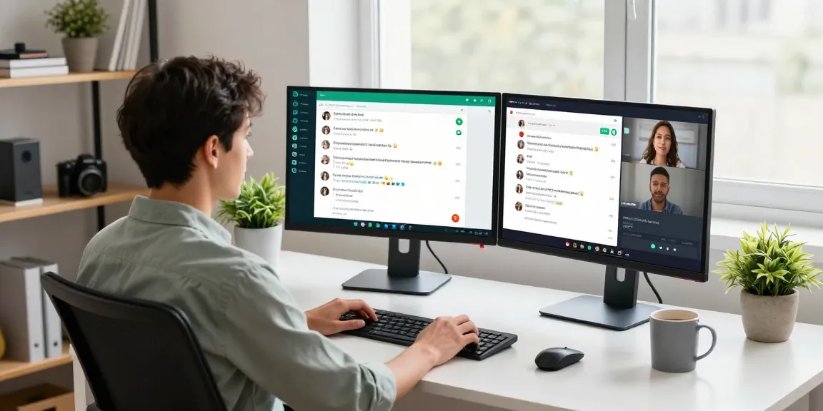 Engaging with WhatsApp電腦版 on a modern office desktop, showcasing productivity and comfort.