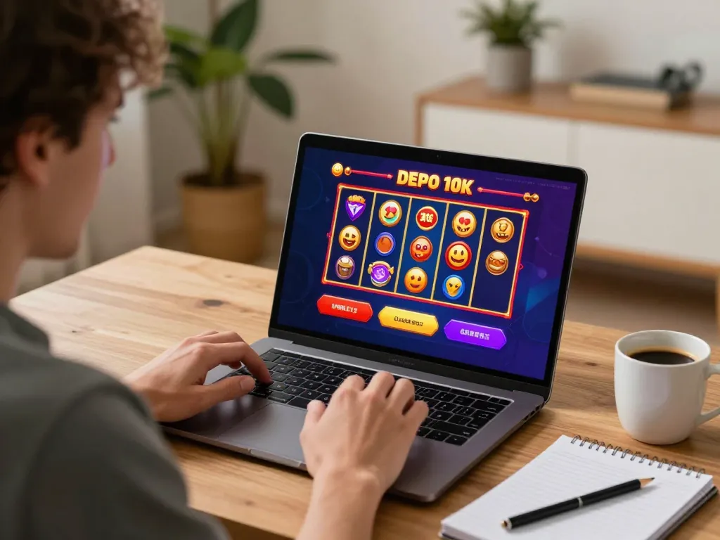 Experience the excitement of depo 10k online slots with a player enjoying their winnings at home.