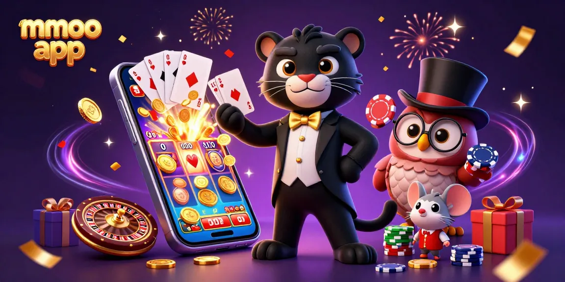 Engage with the mmoo app in this vibrant casino scene featuring stylish characters and dynamic gaming elements.