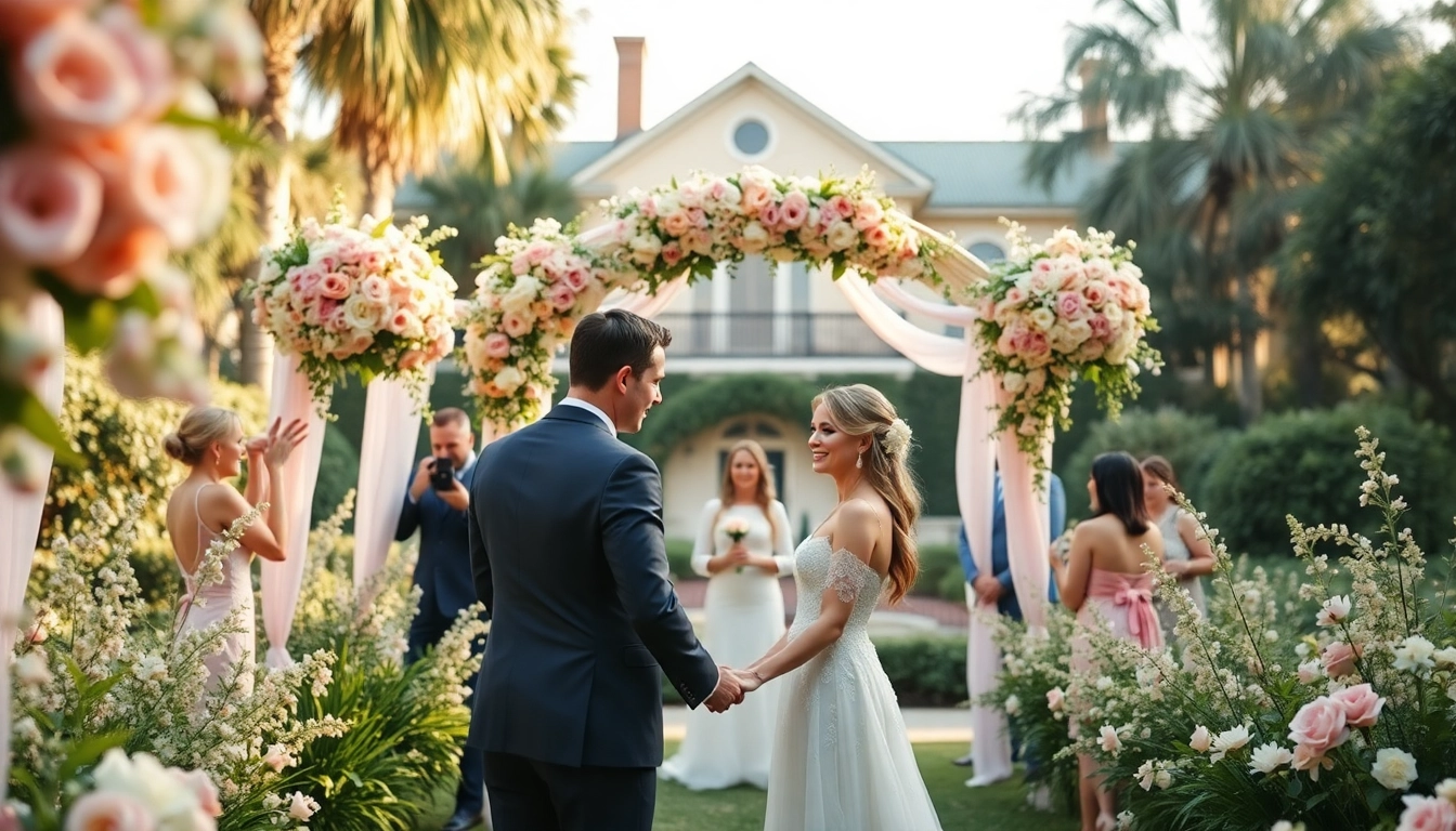 Couple exchanging vows in a Jacksonville wedding venue surrounded by flowers and loved ones.