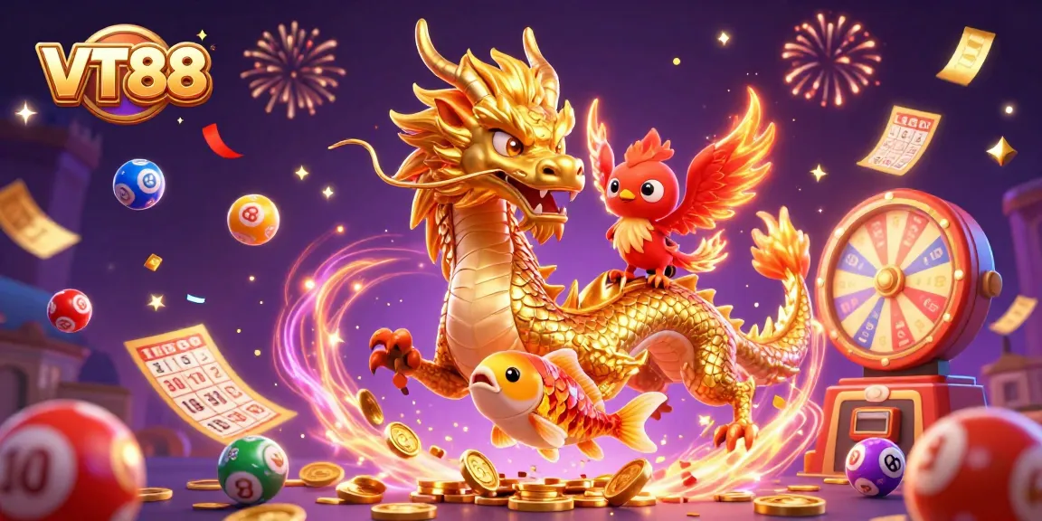 Enjoy the excitement of VT88 with dynamic scenes of colorful lottery elements and vibrant casino characters.