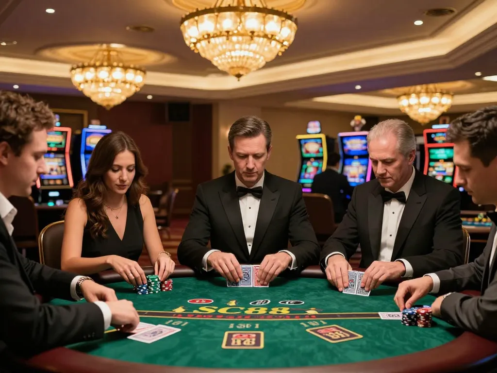 Players enjoying blackjack game at SC88 casino, showcasing high-stakes action and engaging atmosphere