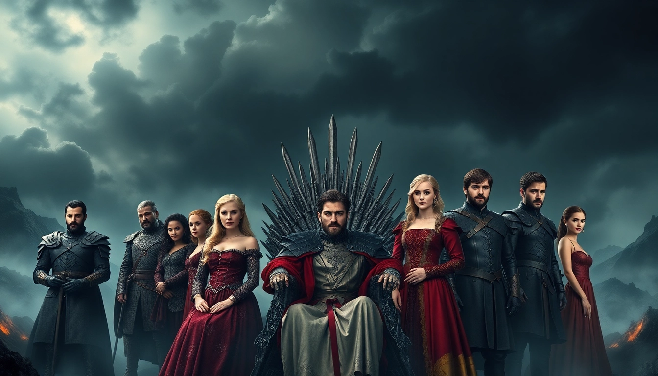 Showcasing the game of thrones cast in a dramatic medieval landscape, highlighting key characters.