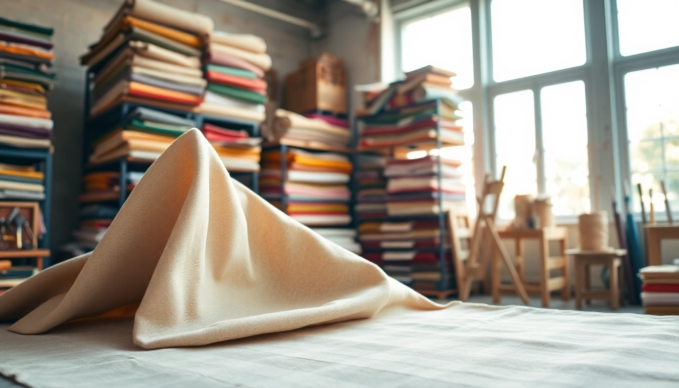 Canvas stof met verschillende texturen en patronen in een helder atelier.