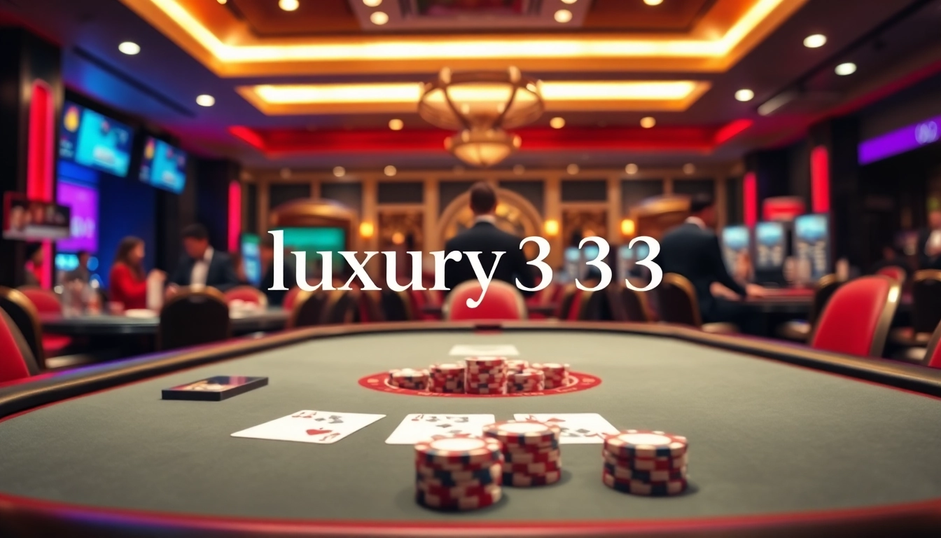Menampilkan logo luxury333 dalam suasana kasino mewah dengan poker profesional.