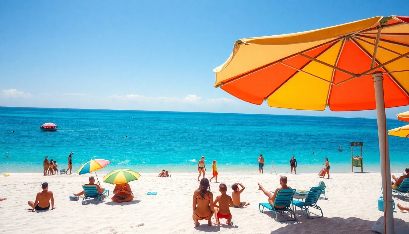 Cena de praia deslumbrante com águas turquesa e guarda-sóis coloridos, mostrando as vibrantes atividades locais.