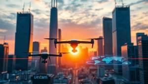 Showcasing technology integration in an urban skyline with dynamic features and vibrant colors.