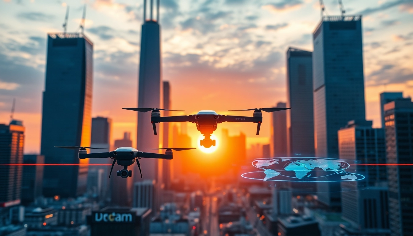 Showcasing technology integration in an urban skyline with dynamic features and vibrant colors.