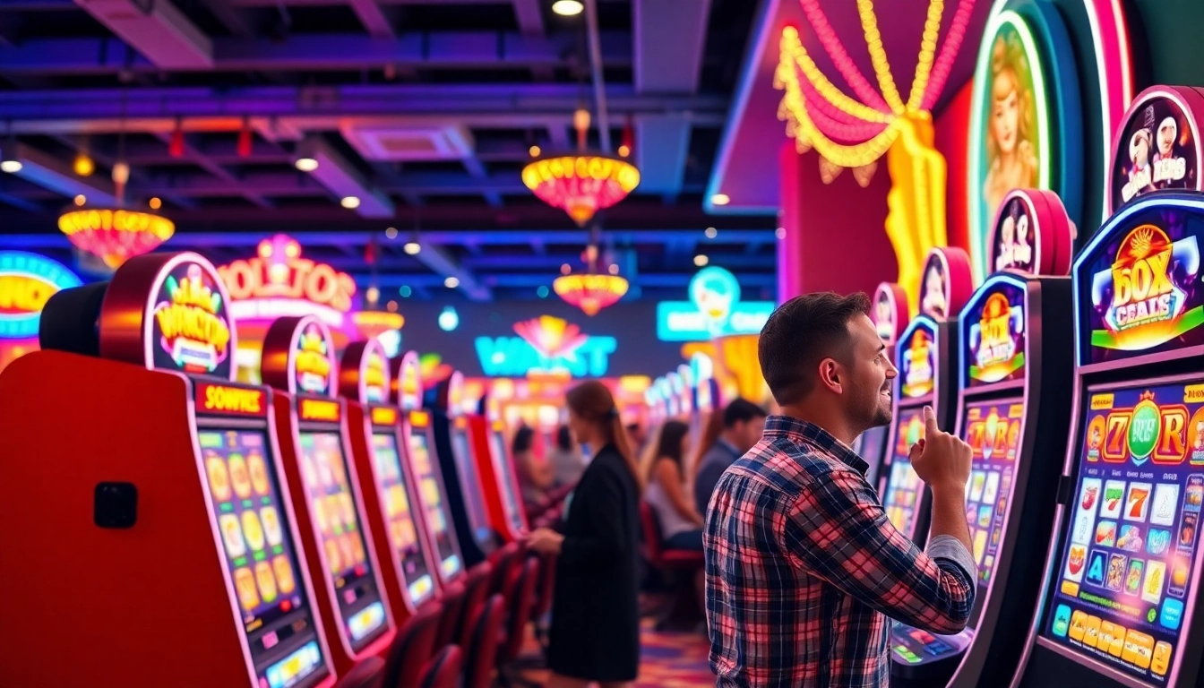 Memainkan slot online di kasino yang cerah dengan mesin game warna-warni yang menarik.